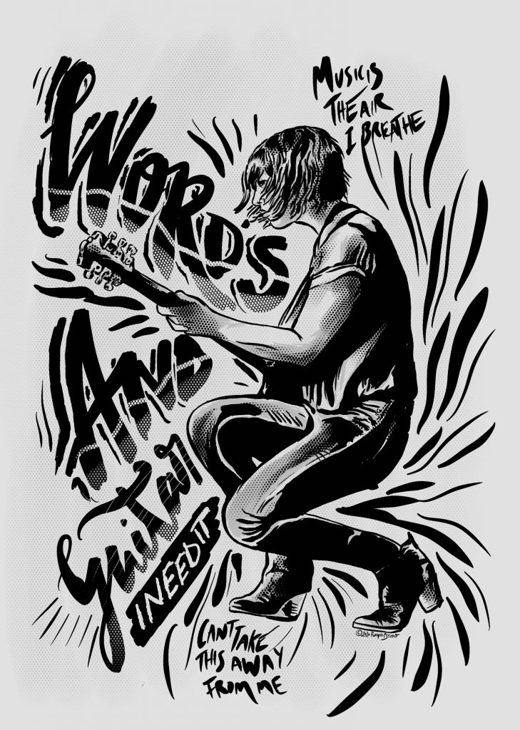 Illustration and lettering of Carrie Brownstien from Sleater Kinney with lyrics to Words & Guitar